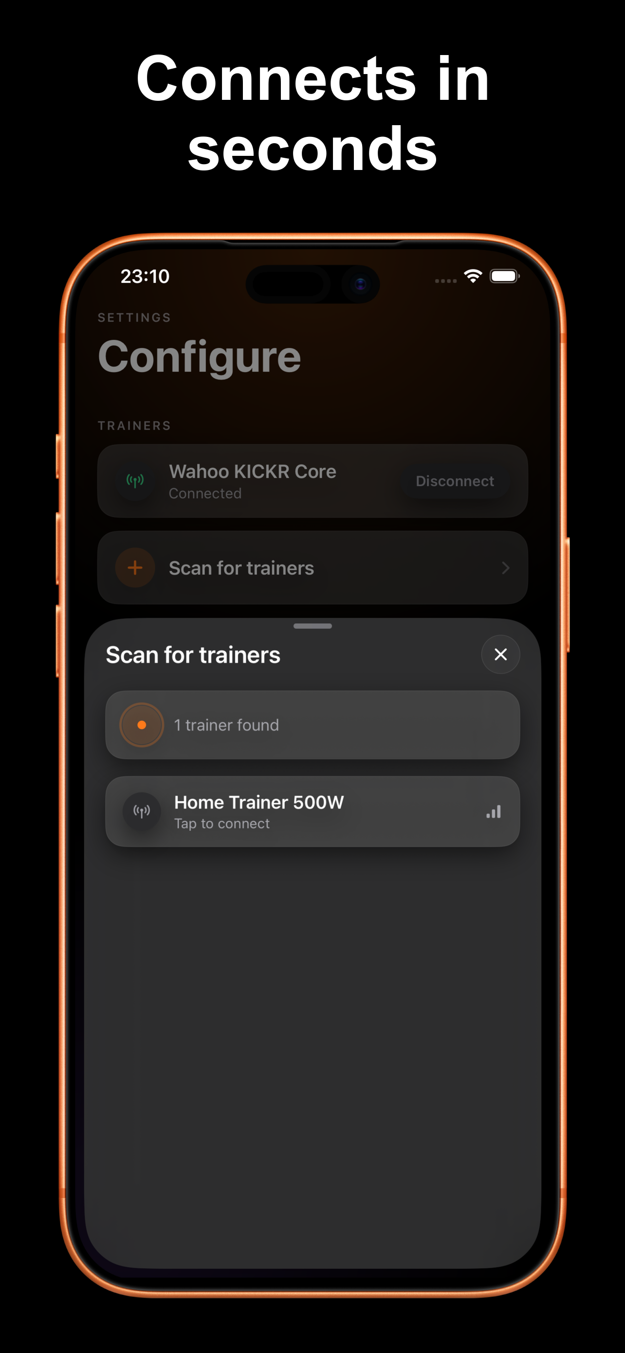 WattBird: connects in seconds — trainer connection screen